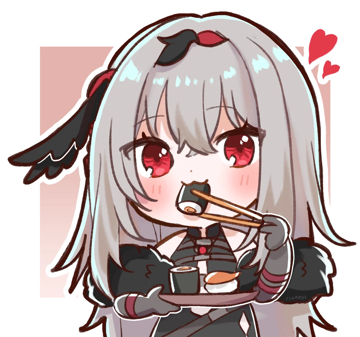 Chibi Viora happily eating sushi with chopsticks