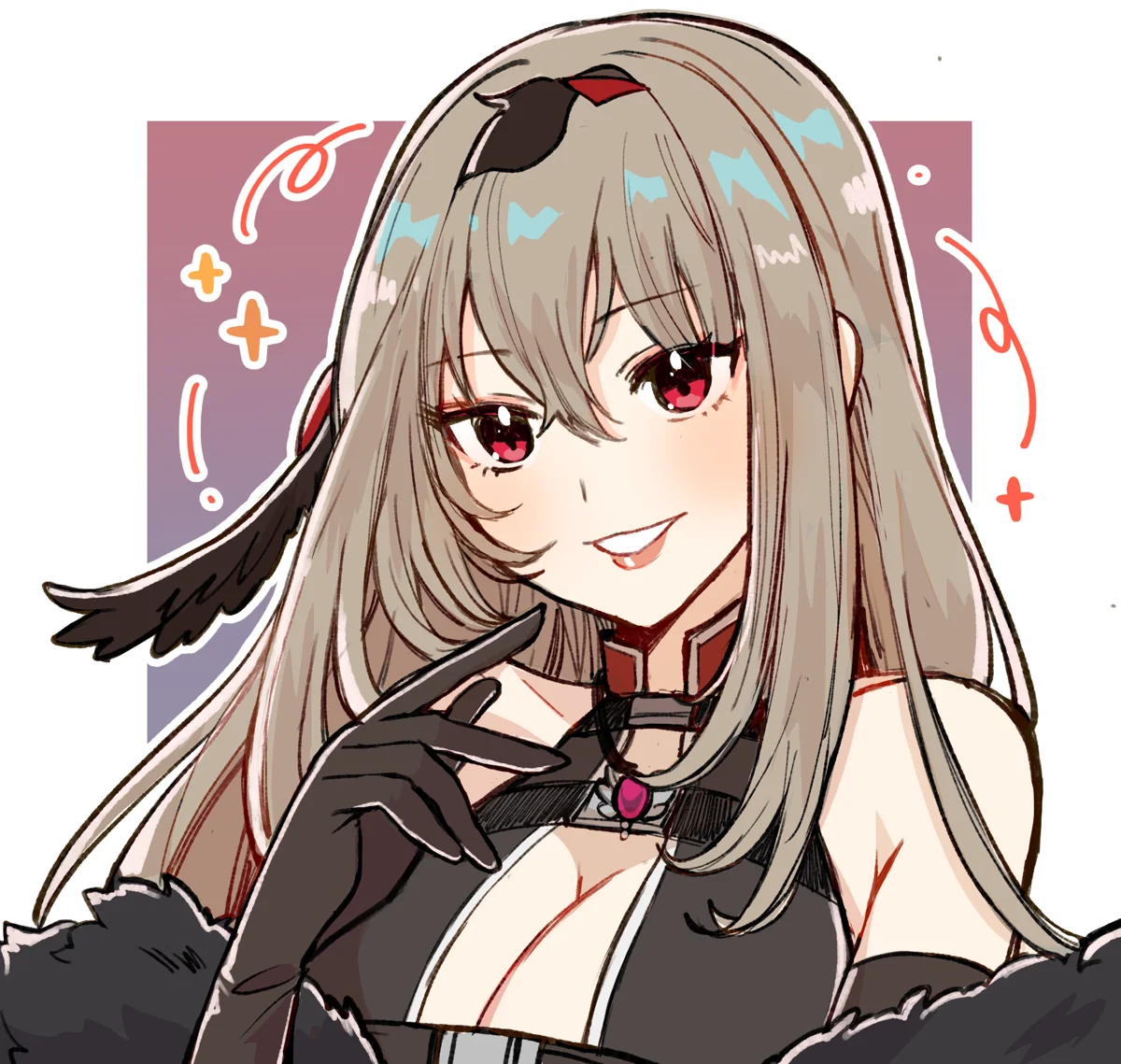 Sticker-style portrait of Viora smirking, gloved finger at her chin