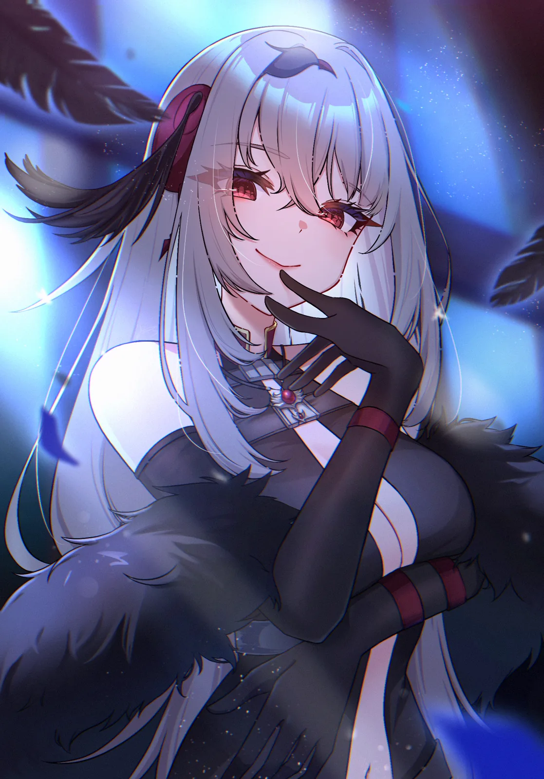 Portrait of Viora in cold blue moonlight, gloved hand raised to her lips
