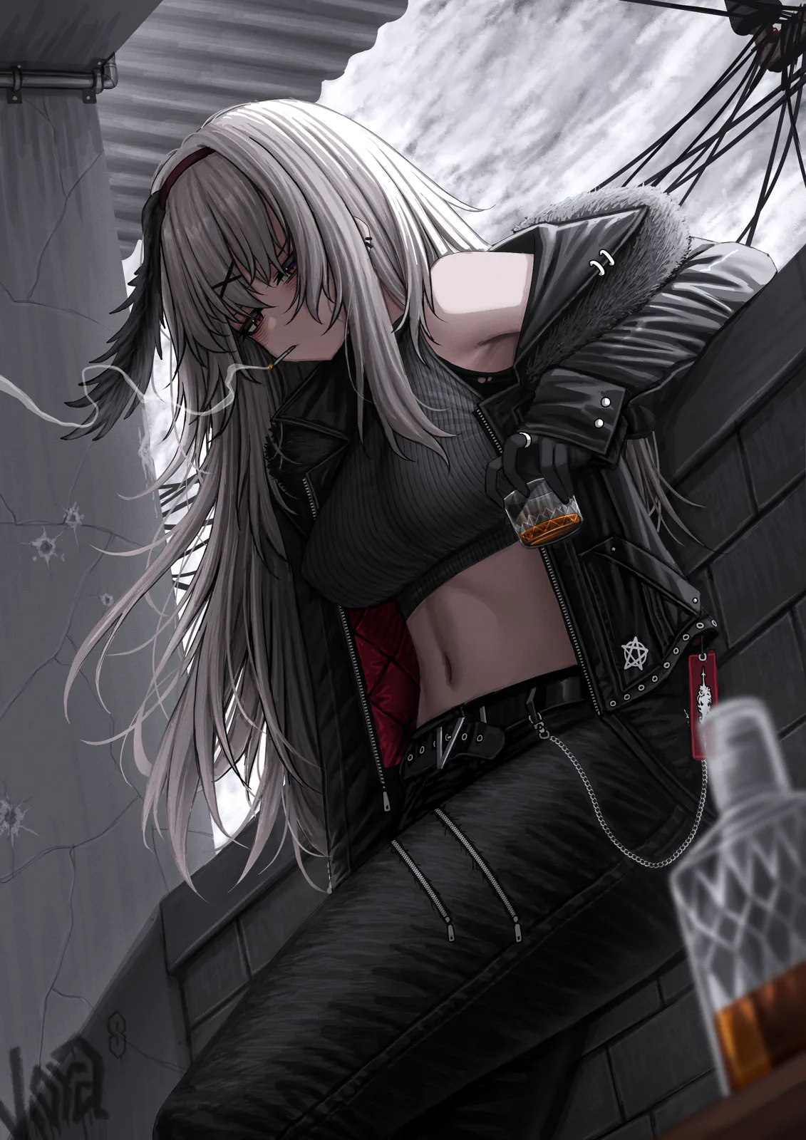 Viora leaning against an alley wall in a leather jacket under an overcast sky