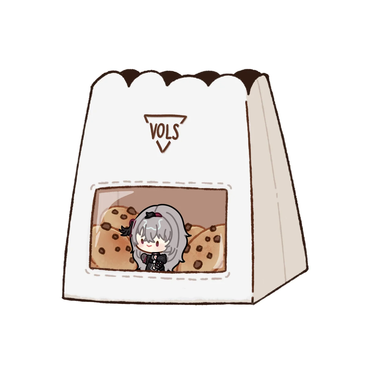 Chibi Viora peeking out from inside a VOLS cookie bag