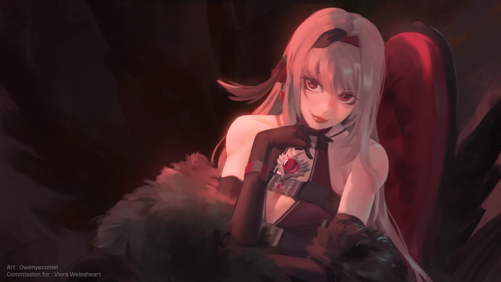 Viora seated in shadow before a crimson chair, gloved hands folded