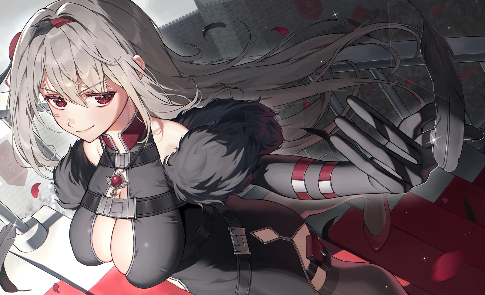 Dynamic illustration of Viora mid-motion amid scattered red petals