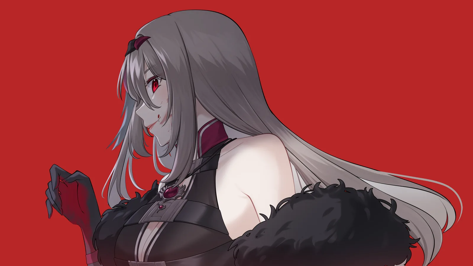 Side profile of Viora against a solid red background