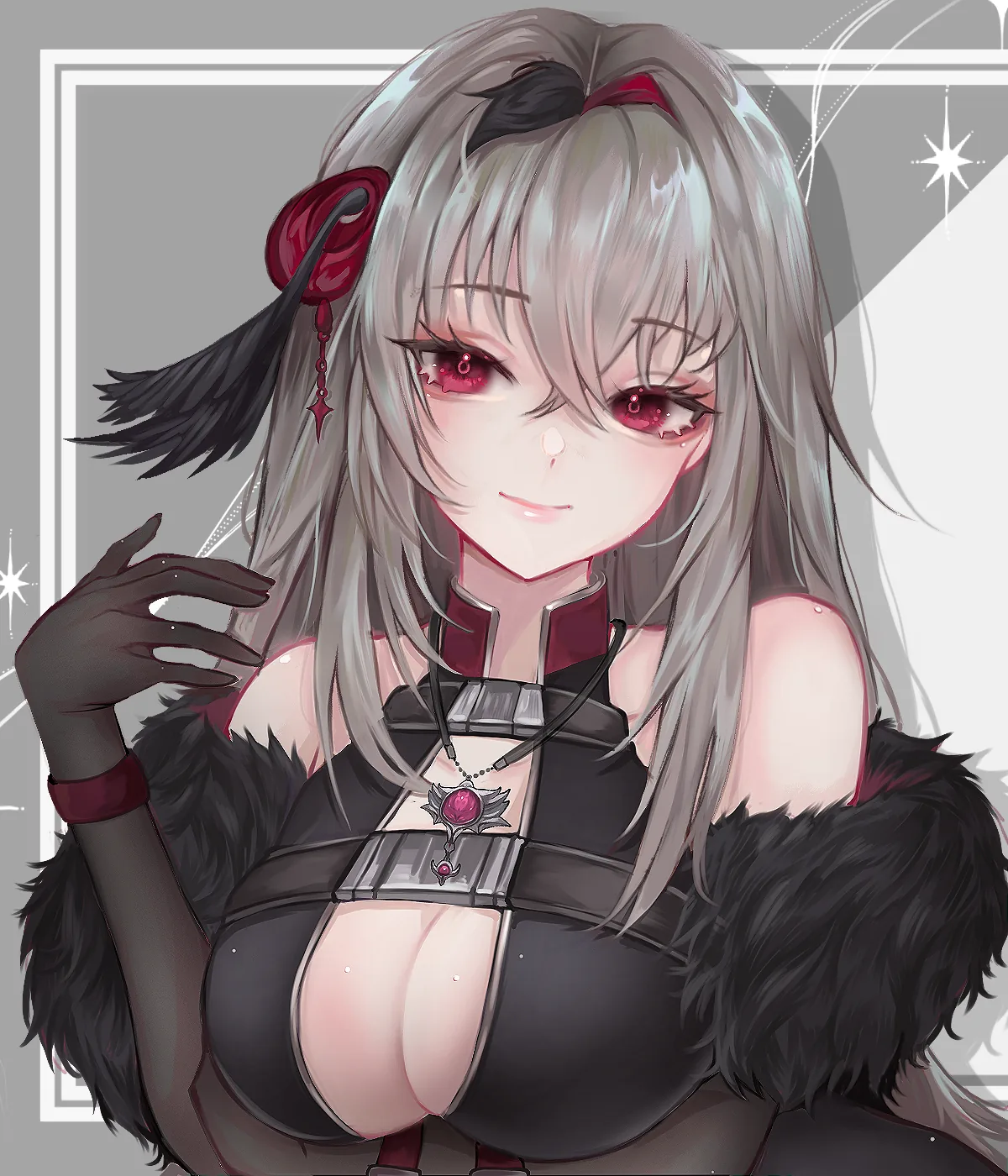 Bust portrait of Viora in her black outfit on a grey patterned background