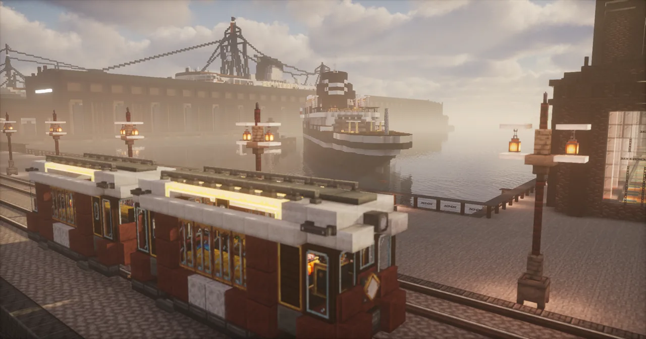 Minecraft render of the Lampas harbor: a red tram on the dockside with a steamship in the fog behind
